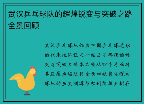 武汉乒乓球队的辉煌蜕变与突破之路全景回顾